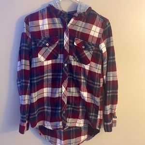 Red, white and blue button up flannel with a grey hood